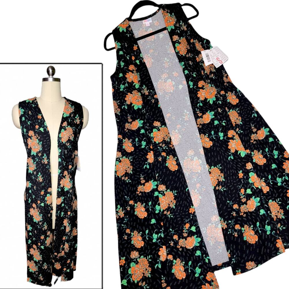 LuLaRoe Joy Vest Small Black Orange Floral Chenille Longline Duster Open Fall